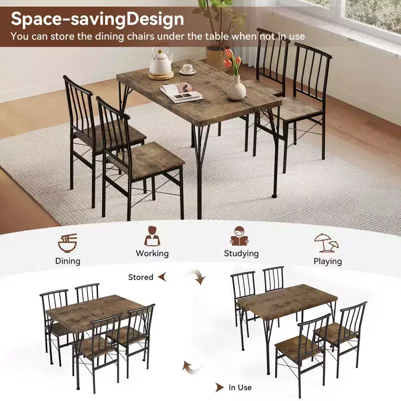 Set da pranzo Dyonery da 5 pezzi per 4 persone, set da tavola da cucina piccolo da 43,3 pollici con 4 sedie senza braccioli, piano in legno massello e gambe in metallo, facile montaggio