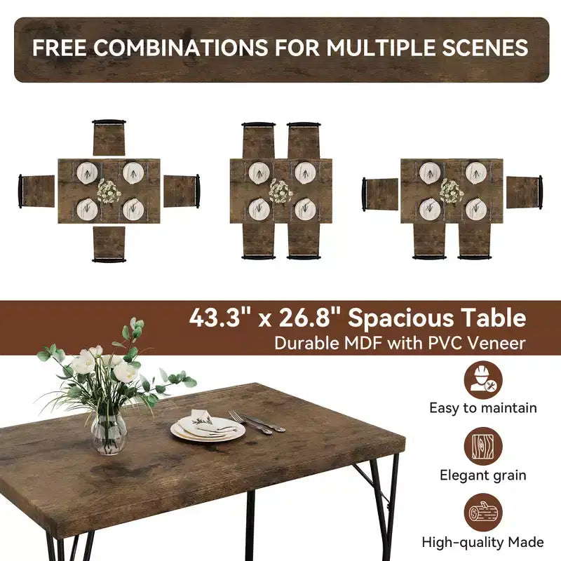 Set da pranzo Dyonery da 5 pezzi per 4 persone, set da tavola da cucina piccolo da 43,3 pollici con 4 sedie senza braccioli, piano in legno massello e gambe in metallo, facile montaggio