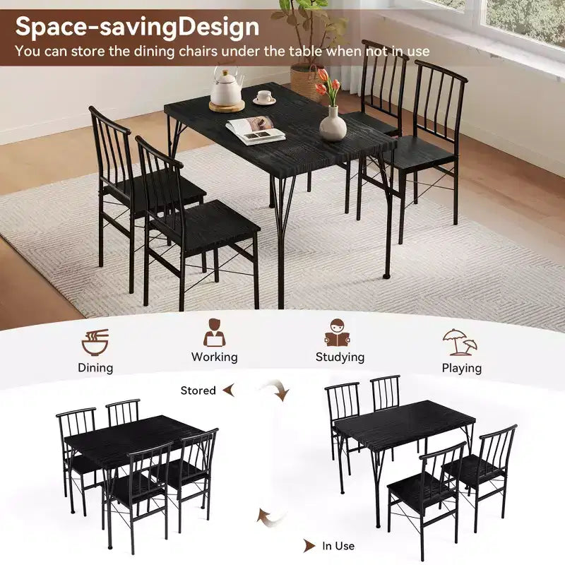 Set da pranzo Dyonery da 5 pezzi per 4 persone, set da tavola da cucina piccolo da 43,3 pollici con 4 sedie senza braccioli, piano in legno massello e gambe in metallo, facile montaggio