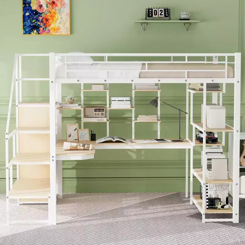 Letto a soppalco in metallo matrimoniale con scrivania e armadietto, letto a soppalco alto matrimoniale con scala contenitore e mensole per bambini, ragazzi e adulti