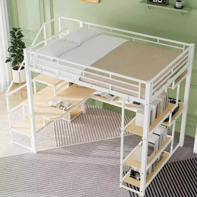 Letto a soppalco in metallo matrimoniale con scrivania e armadietto, letto a soppalco alto matrimoniale con scala contenitore e mensole per bambini, ragazzi e adulti