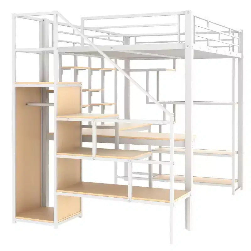 Letto a soppalco in metallo matrimoniale con scrivania e armadietto, letto a soppalco alto matrimoniale con scala contenitore e mensole per bambini, ragazzi e adulti