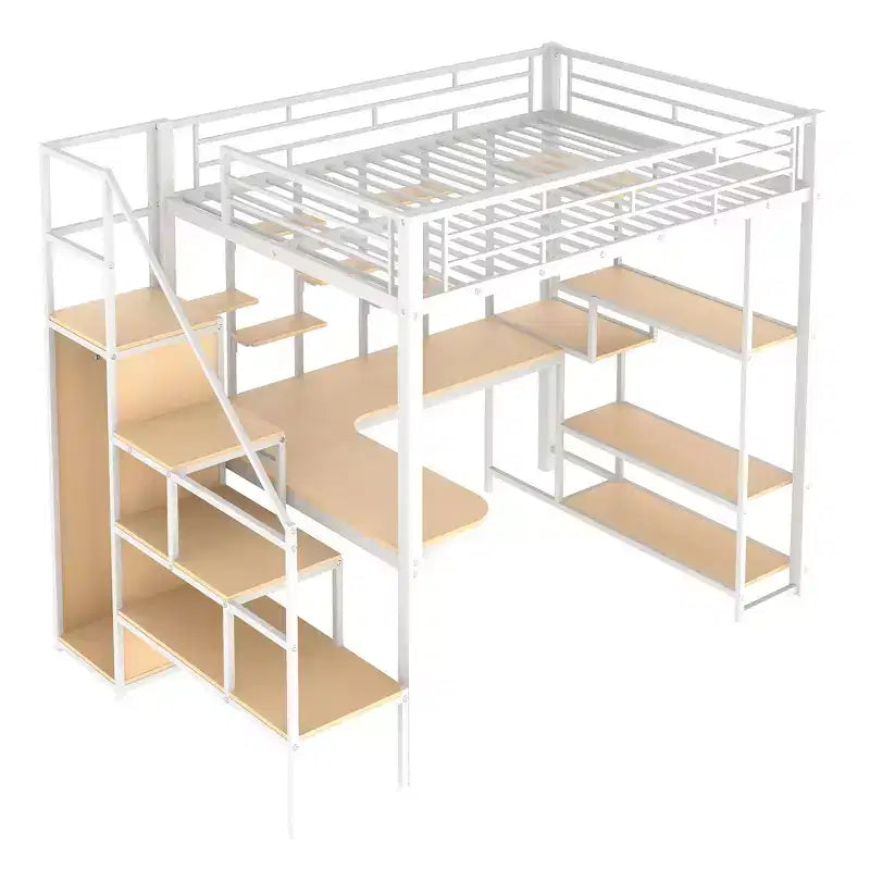 Letto a soppalco in metallo matrimoniale con scrivania e armadietto, letto a soppalco alto matrimoniale con scala contenitore e mensole per bambini, ragazzi e adulti
