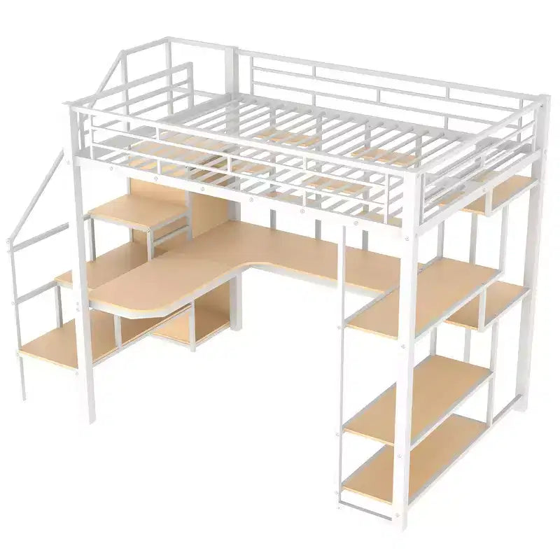 Letto a soppalco in metallo matrimoniale con scrivania e armadietto, letto a soppalco alto matrimoniale con scala contenitore e mensole per bambini, ragazzi e adulti