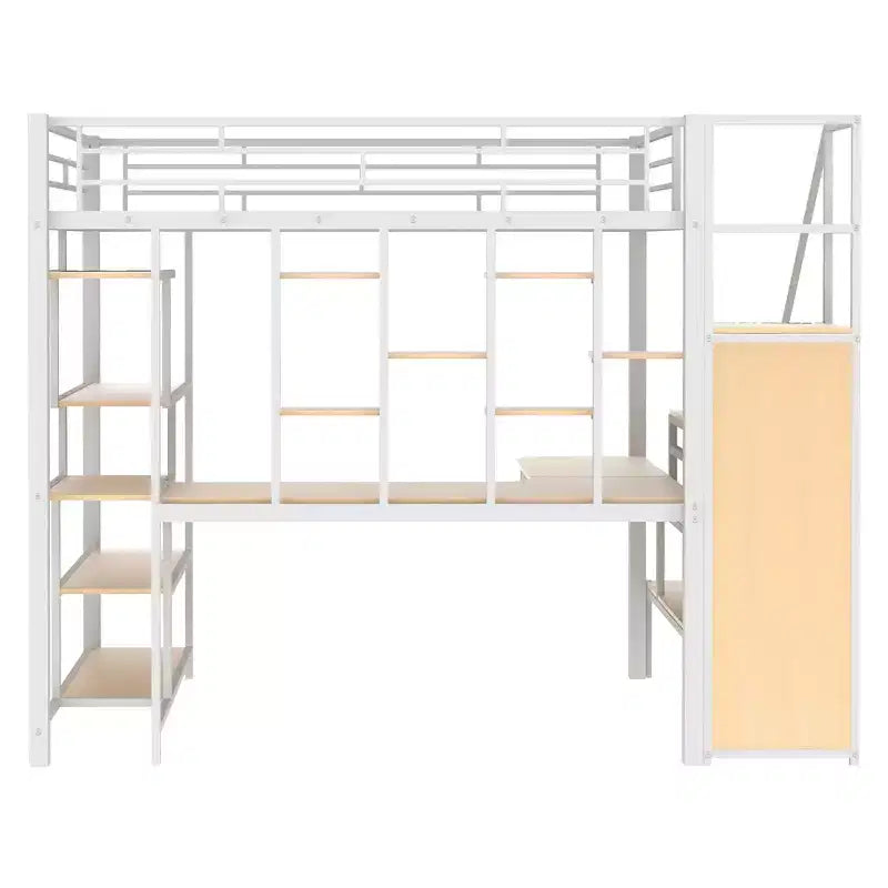 Letto a soppalco in metallo matrimoniale con scrivania e armadietto, letto a soppalco alto matrimoniale con scala contenitore e mensole per bambini, ragazzi e adulti
