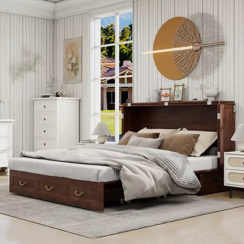 Keloyid Haimyy Letto a scomparsa matrimoniale in legno massello con caricatore integrato e 2 robusti cassetti