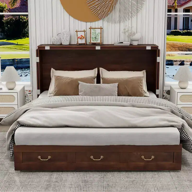 Keloyid Haimyy Letto a scomparsa matrimoniale in legno massello con caricatore integrato e 2 robusti cassetti