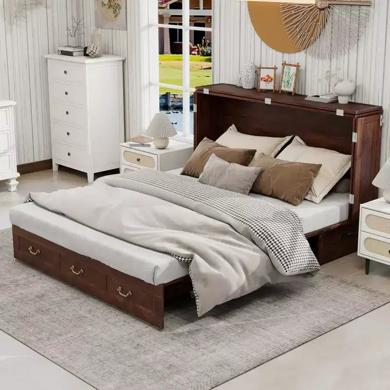Keloyid Haimyy Letto a scomparsa matrimoniale in legno massello con caricatore integrato e 2 robusti cassetti