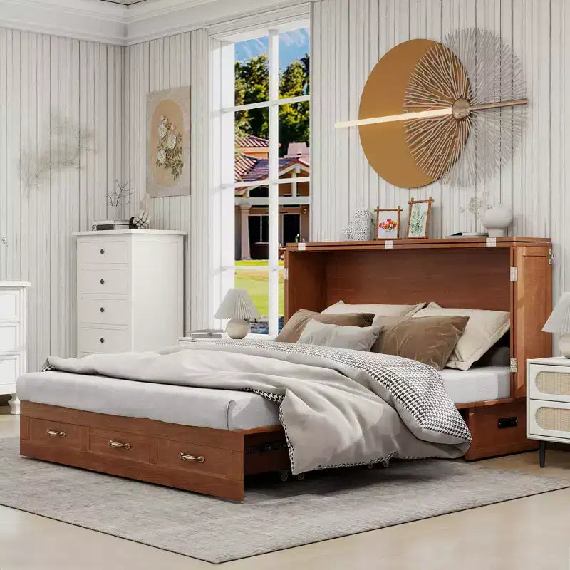 Keloyid Haimyy Letto a scomparsa matrimoniale in legno massello con caricatore integrato e 2 robusti cassetti