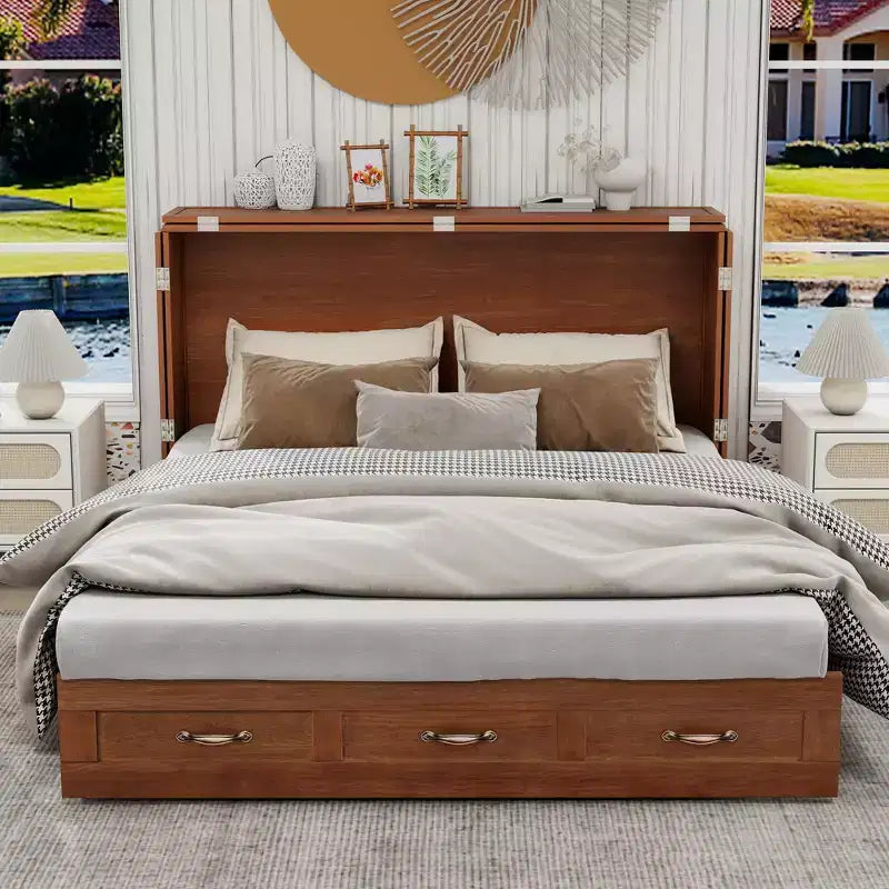 Keloyid Haimyy Letto a scomparsa matrimoniale in legno massello con caricatore integrato e 2 robusti cassetti