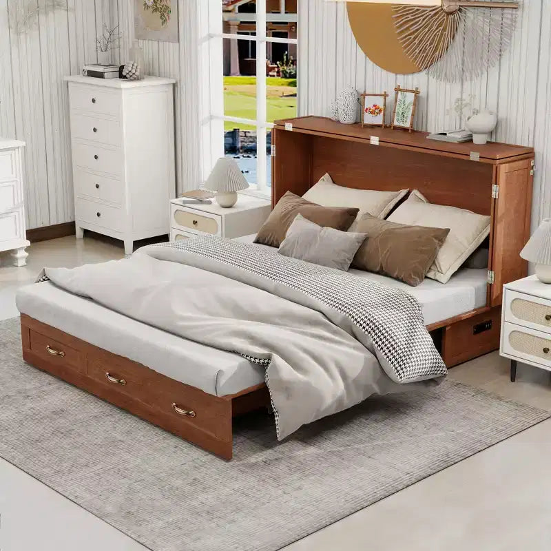 Keloyid Haimyy Letto a scomparsa matrimoniale in legno massello con caricatore integrato e 2 robusti cassetti