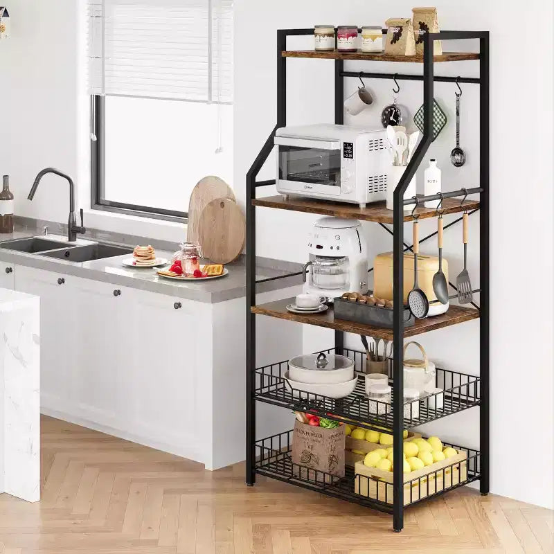 Scaffale da Cucina a 5 Livelli con Cestello Forno a Microonde, Supporto per Forno a Microonde Industriale con 2 Grandi Cestelli in Filo Metallico, Stazione Caffè per Cucina e Sala da Pranzo