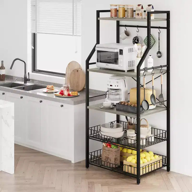 Scaffale da Cucina a 5 Livelli con Cestello Forno a Microonde, Supporto per Forno a Microonde Industriale con 2 Grandi Cestelli in Filo Metallico, Stazione Caffè per Cucina e Sala da Pranzo