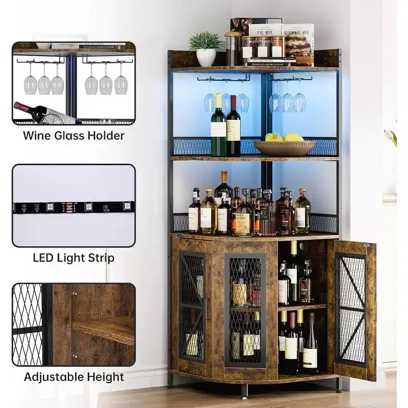 Mobile bar angolare alto 64 pollici con striscia LED, mobile bar industriale a 5 ripiani con presa di corrente e portabicchieri, mobile portavino per bar di casa, per la casa