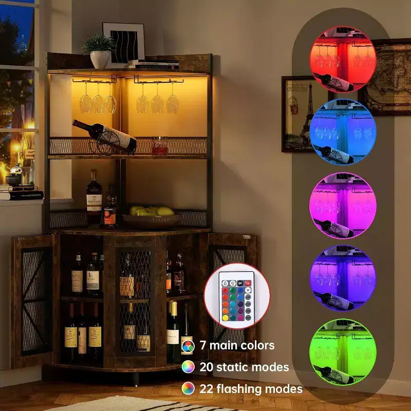 Mobile bar angolare alto 64 pollici con striscia LED, mobile bar industriale a 5 ripiani con presa di corrente e portabicchieri, mobile portavino per bar di casa, per la casa