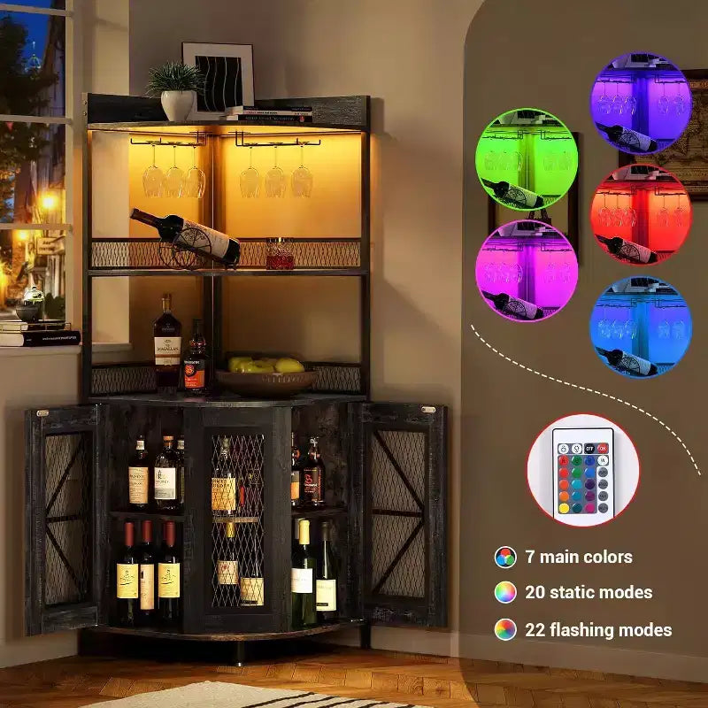 Mobile bar angolare alto 64 pollici con striscia LED, mobile bar industriale a 5 ripiani con presa di corrente e portabicchieri, mobile portavino per bar di casa, per la casa