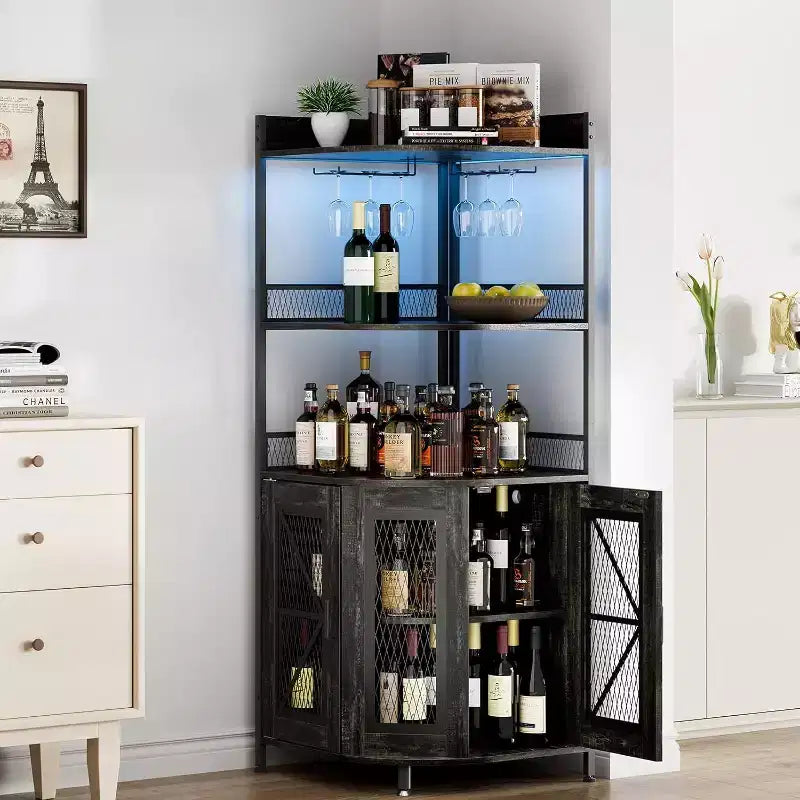 Mobile bar angolare alto 64 pollici con striscia LED, mobile bar industriale a 5 ripiani con presa di corrente e portabicchieri, mobile portavino per bar di casa, per la casa