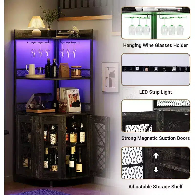 Mobile bar angolare alto 64 pollici con striscia LED, mobile bar industriale a 5 ripiani con presa di corrente e portabicchieri, mobile portavino per bar di casa, per la casa