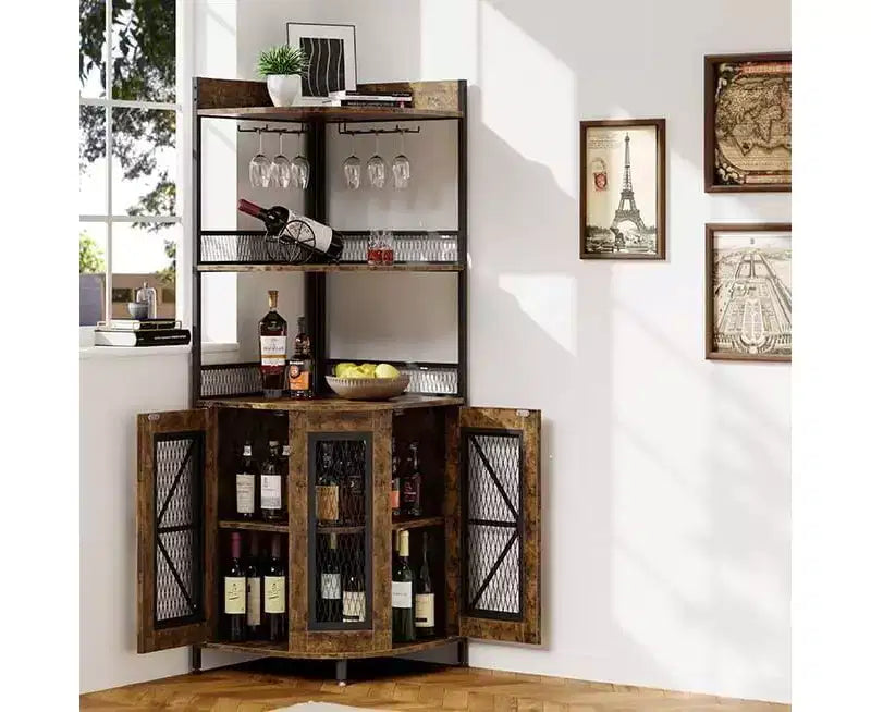 Mobile bar angolare alto 64 pollici con striscia LED, mobile bar industriale a 5 ripiani con presa di corrente e portabicchieri, mobile portavino per bar di casa, per la casa
