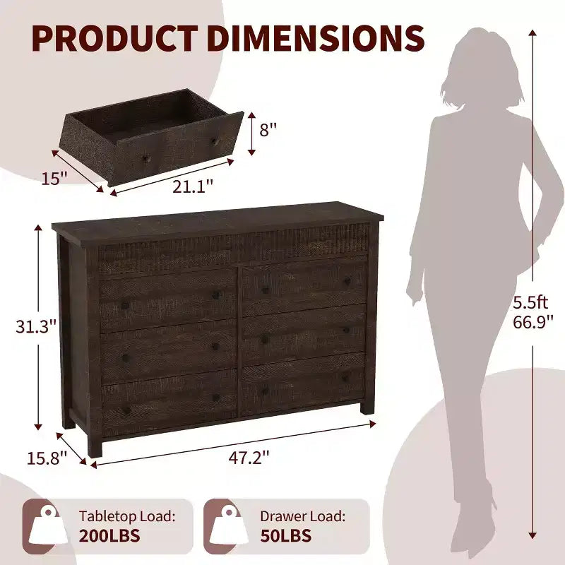 Cassettiera a 6 cassetti e porta TV con dettagli scanalati, organizer contenitore in legno per camera da letto, soggiorno o corridoio