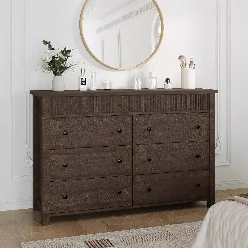Cassettiera a 6 cassetti e porta TV con dettagli scanalati, organizer contenitore in legno per camera da letto, soggiorno o corridoio