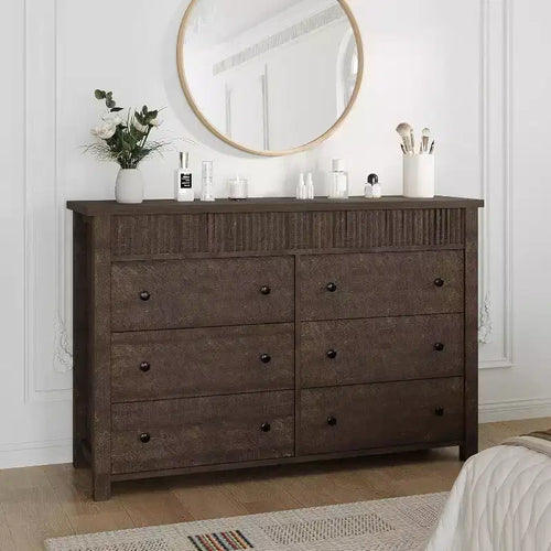 Cassettiera a 6 cassetti e porta TV con dettagli scanalati, organizer contenitore in legno per camera da letto, soggiorno o corridoio