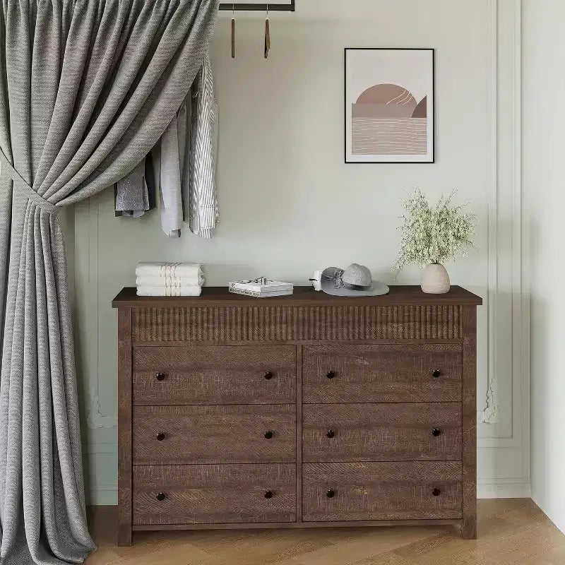 Cassettiera a 6 cassetti e porta TV con dettagli scanalati, organizer contenitore in legno per camera da letto, soggiorno o corridoio