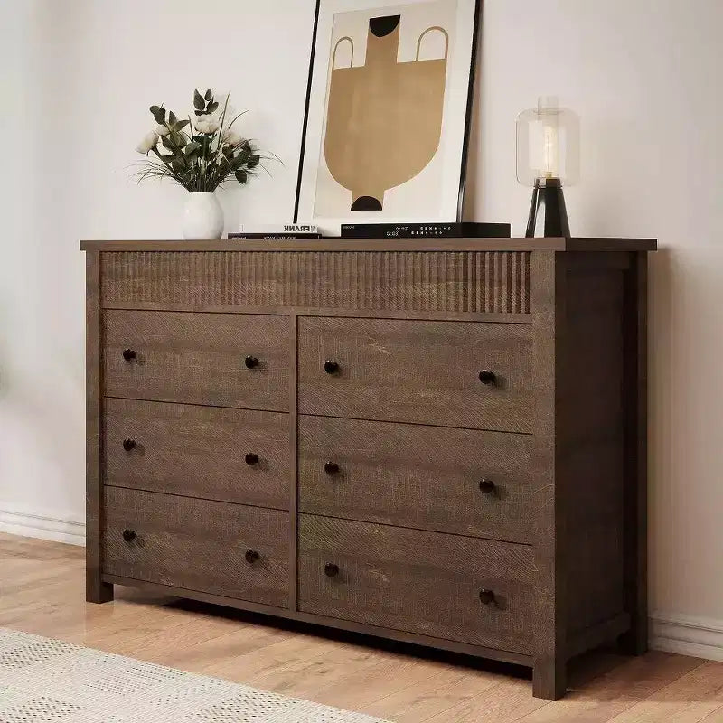 Cassettiera a 6 cassetti e porta TV con dettagli scanalati, organizer contenitore in legno per camera da letto, soggiorno o corridoio