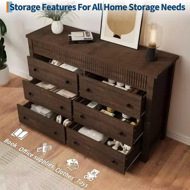 Cassettiera a 6 cassetti e porta TV con dettagli scanalati, organizer contenitore in legno per camera da letto, soggiorno o corridoio