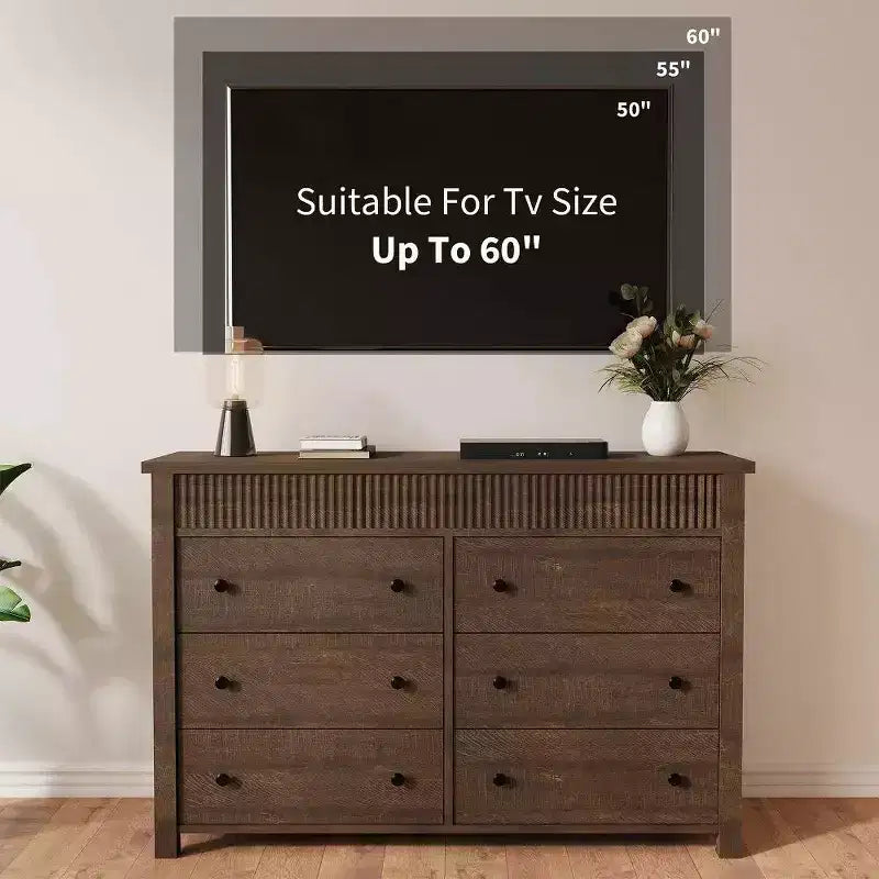 Cassettiera a 6 cassetti e porta TV con dettagli scanalati, organizer contenitore in legno per camera da letto, soggiorno o corridoio