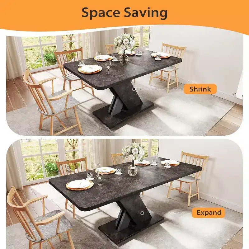 Tavolo da pranzo estensibile Zevemomo, Tavolo da cucina in stile rustico 4-8 posti, 140-180 cm, Tavolo da pranzo in legno con base a X, con binario in metallo per sala da pranzo, -Effetto Marmo
