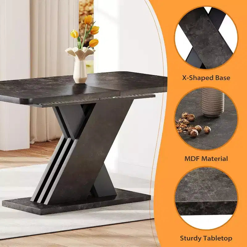 Tavolo da pranzo estensibile Zevemomo, Tavolo da cucina in stile rustico 4-8 posti, 140-180 cm, Tavolo da pranzo in legno con base a X, con binario in metallo per sala da pranzo, -Effetto Marmo