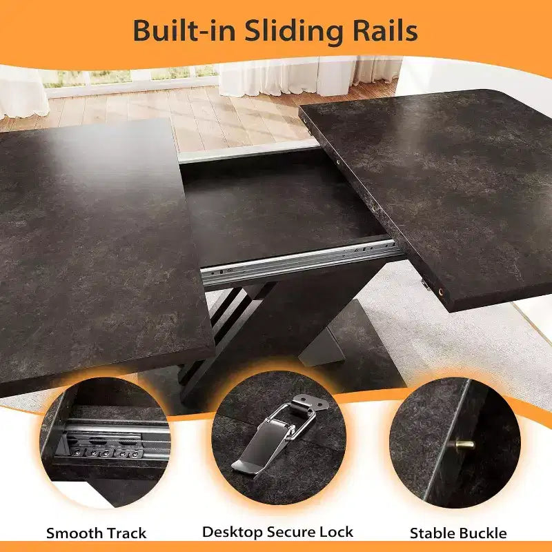 Tavolo da pranzo estensibile Zevemomo, Tavolo da cucina in stile rustico 4-8 posti, 140-180 cm, Tavolo da pranzo in legno con base a X, con binario in metallo per sala da pranzo, -Effetto Marmo