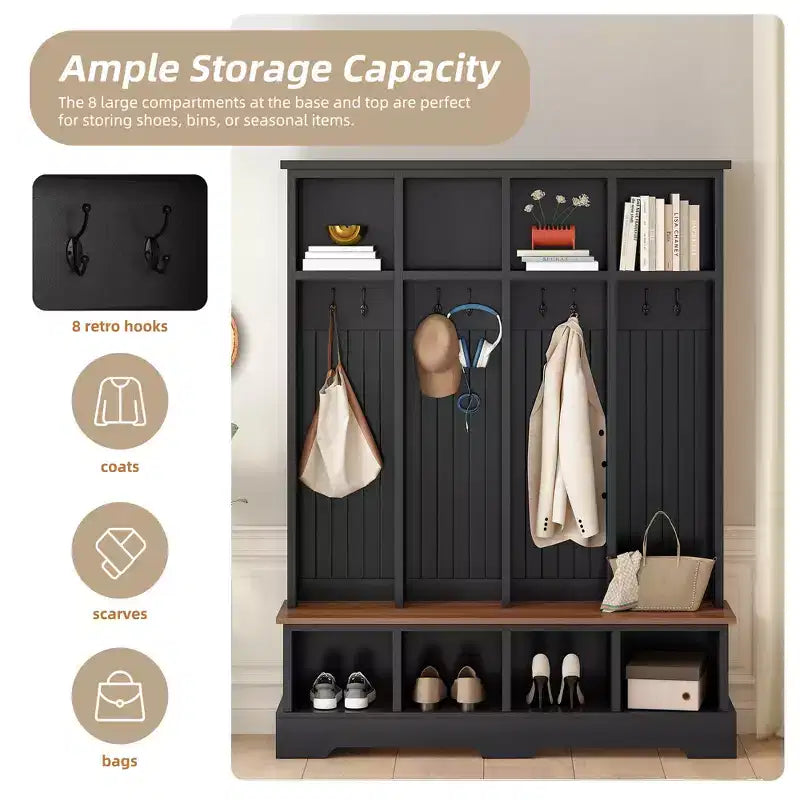 Whisen Attaccapanni da Ingresso con Panchina e 8 Ganci, Mobile Ingresso con Scomparti Aperti, Scarpiera e Appendiabiti in Legno 3 in 1