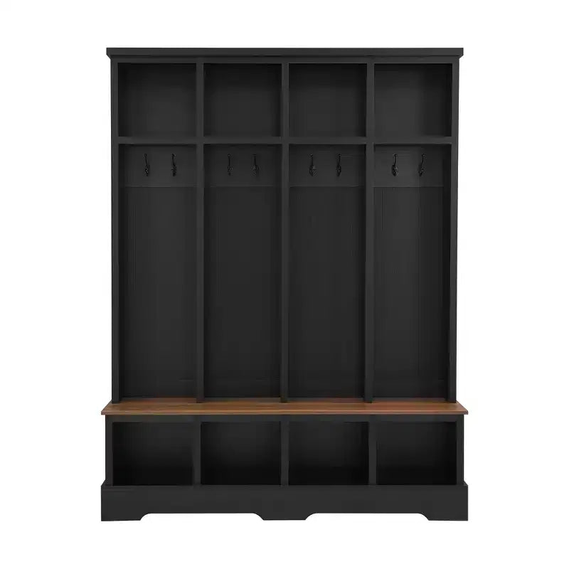 Whisen Attaccapanni da Ingresso con Panchina e 8 Ganci, Mobile Ingresso con Scomparti Aperti, Scarpiera e Appendiabiti in Legno 3 in 1