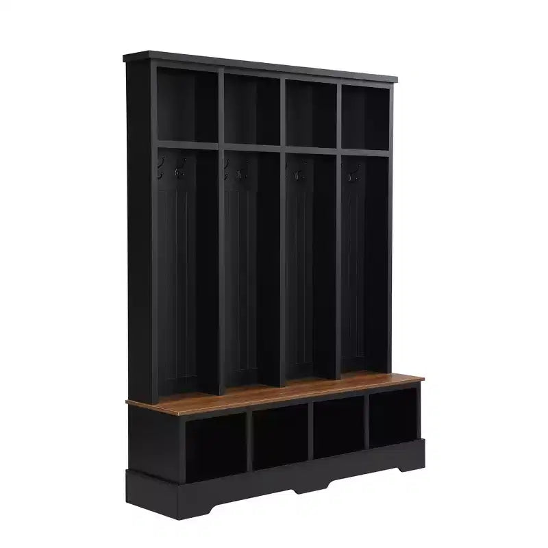 Whisen Attaccapanni da Ingresso con Panchina e 8 Ganci, Mobile Ingresso con Scomparti Aperti, Scarpiera e Appendiabiti in Legno 3 in 1