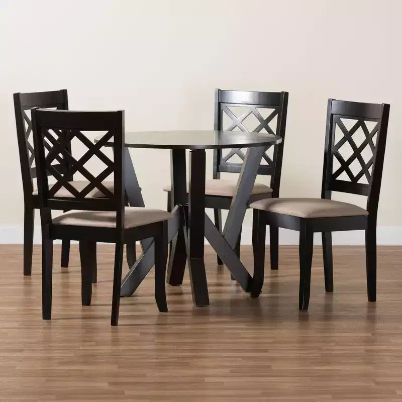 Set da pranzo Adina 5 pezzi Baxton Studio moderno in tessuto color sabbia e legno marrone scuro