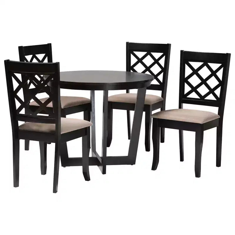 Set da pranzo Baxton Studio Selby moderno in tessuto sabbia e legno marrone scuro, 5 pezzi