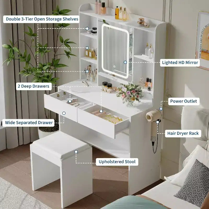 Toeletta per trucco con specchio e luci, 3 modalità di illuminazione, luminosità regolabile, ripiani portaoggetti a scomparsa, sgabello imbottito, per camera da letto