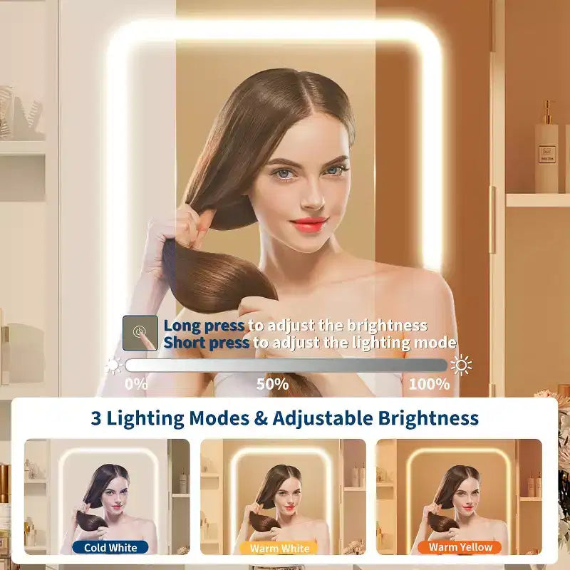 Toeletta per trucco con specchio e luci, 3 modalità di illuminazione, luminosità regolabile, ripiani portaoggetti a scomparsa, sgabello imbottito, per camera da letto
