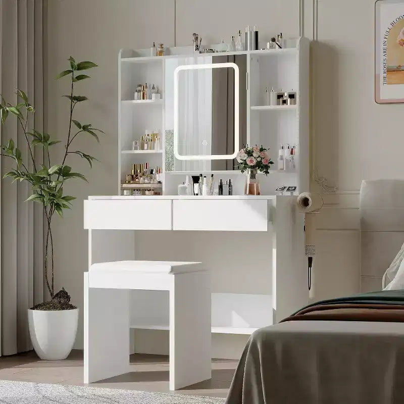 Toeletta per trucco con specchio e luci, 3 modalità di illuminazione, luminosità regolabile, ripiani portaoggetti a scomparsa, sgabello imbottito, per camera da letto