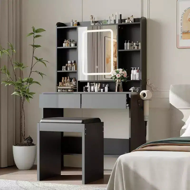 Toeletta per trucco con specchio e luci, 3 modalità di illuminazione, luminosità regolabile, ripiani portaoggetti a scomparsa, sgabello imbottito, per camera da letto