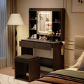 Makeup Vanity Desk with Mirror and Lights, 3 Lighting Modes Adjustable Brightness, Hidden Storage Shelves, Padded Stool, for Bedroom