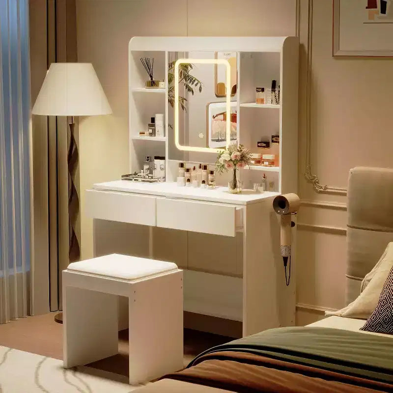 Toeletta per trucco con specchio e luci, 3 modalità di illuminazione, luminosità regolabile, ripiani portaoggetti a scomparsa, sgabello imbottito, per camera da letto