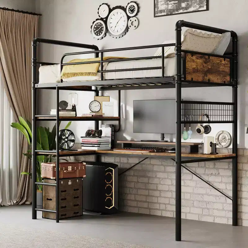 Letto a soppalco matrimoniale in metallo con scrivania e ripiani per ragazzi e adulti, struttura letto a soppalco con scalette integrate, salvaspazio, protezione di sicurezza e scaletta, silenzioso