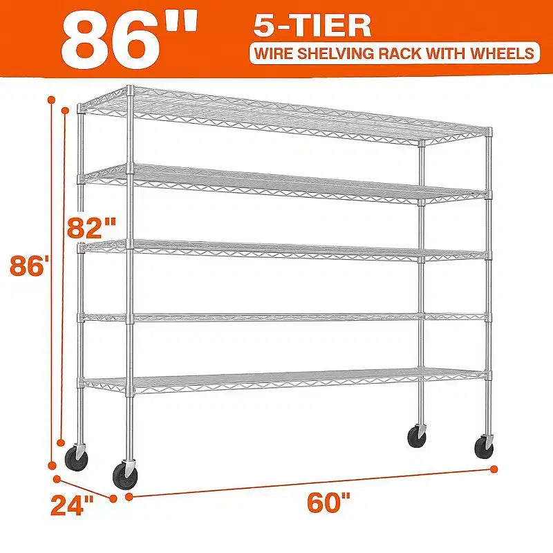 HOMDOX Scaffale metallico resistente a 5 ripiani 60W x 24D x 82H, scaffali metallici in filo regolabili da 3000 libbre per stoccaggio, unità di scaffalatura autoportanti