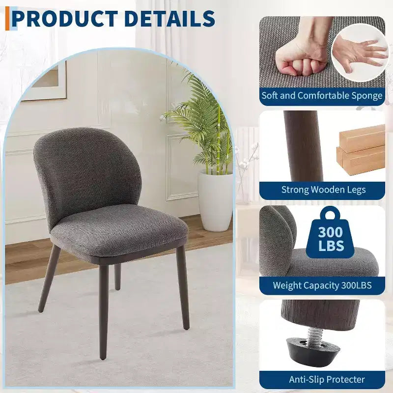 Dining Chair Set of 2, Wooden Leg Kitchen Chairs, Comfortable Fabric Seat, Suitable for Dining Room, Kitchen, Living Room, Easy Installation