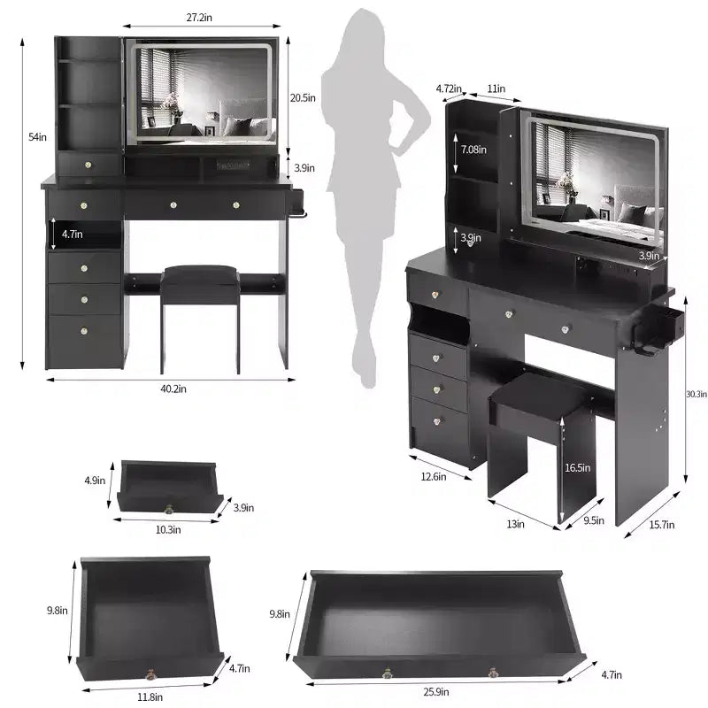 Homy Casa Toeletta con Specchio Illuminato, Sgabello e Cassetti per Camera da Letto o Spogliatoio