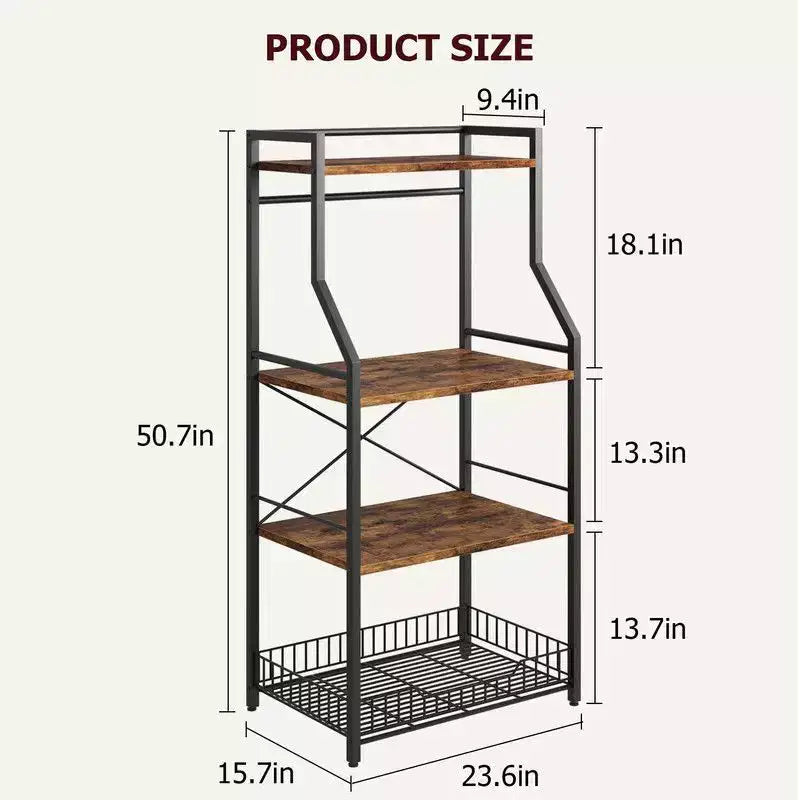 Scaffale da Panettiere a Colonna, Supporto per Microonde con Cesto Grande in Filo, Mobile Bar Industriale con Ganci
