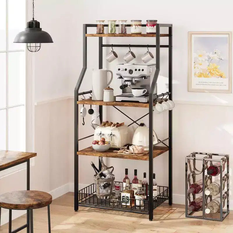 Scaffale da Panettiere a Colonna, Supporto per Microonde con Cesto Grande in Filo, Mobile Bar Industriale con Ganci